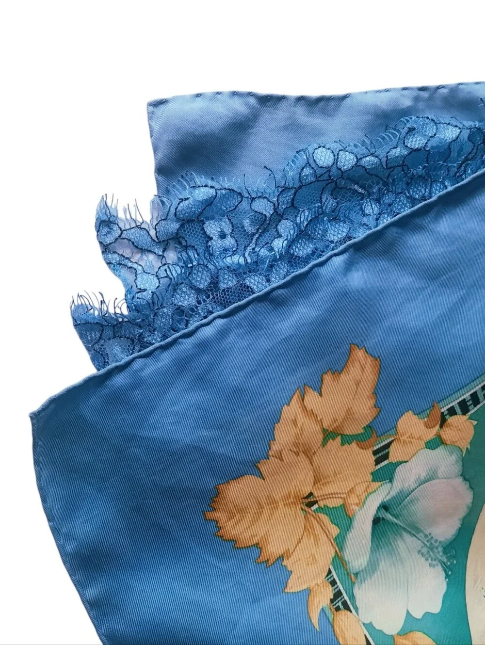 Vintage HERMÈS Tropiques Silk Twill Scarf 90cm Blue/Multi (Altered/Trim Added) - Picture 15 of 16